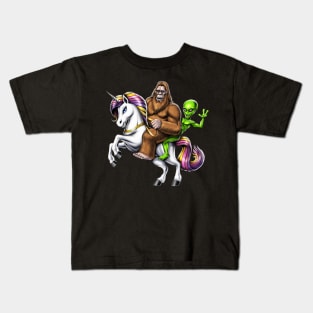 Bigfoot Alien Riding Unicorn Kids T-Shirt